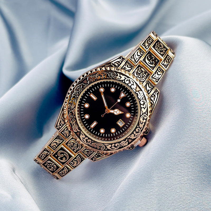 Vintage Gold Engraved Quartz Watch with Date – 43mm Men’s Watch