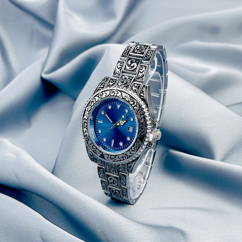 Vintage Gold Engraved Quartz Watch with Date – 43mm Men’s Watch