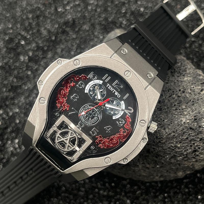 Men’s 46mm Dual Display Quartz Watch – Tonneau Dial Silicone Casual Sport Wristwatch – Multi-Color