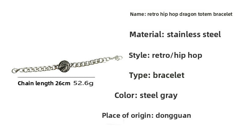 Hip-Hop Stainless Steel Retro Punk Skull Dragon Pattern Round Plate Sports Men's Bracelet Accessories Wholesale