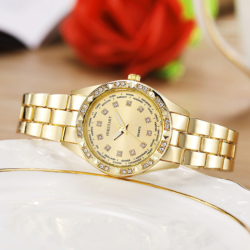 Gold Stainless Steel Diamond Dial Quartz Watch – Unisex