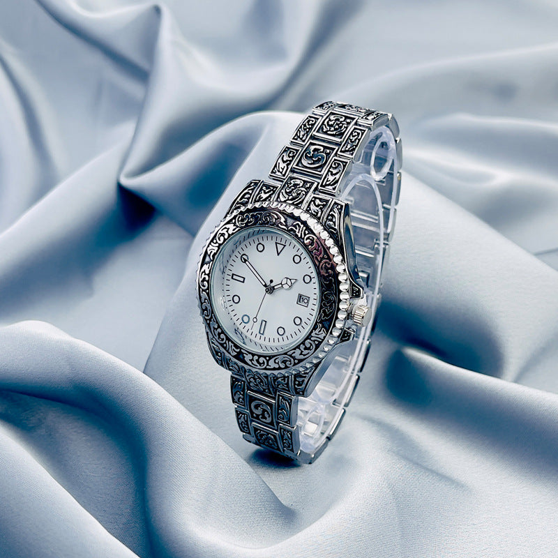 Vintage Gold Engraved Quartz Watch with Date – 43mm Men’s Watch