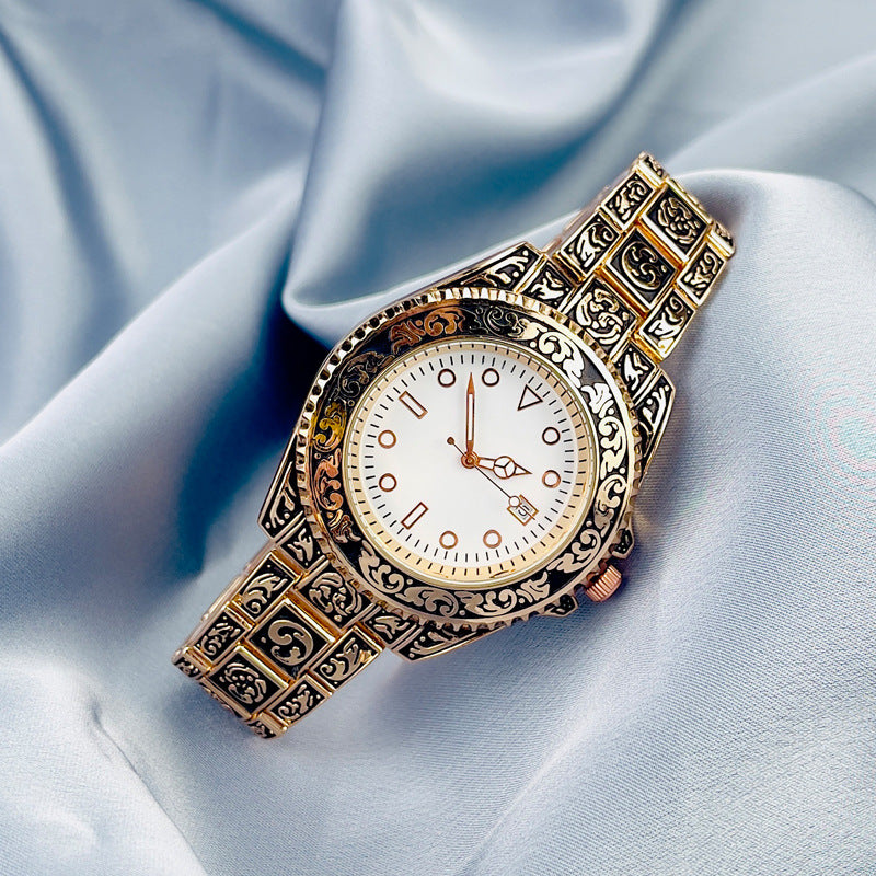 Vintage Gold Engraved Quartz Watch with Date – 43mm Men’s Watch