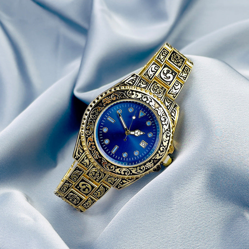 Vintage Gold Engraved Quartz Watch with Date – 43mm Men’s Watch