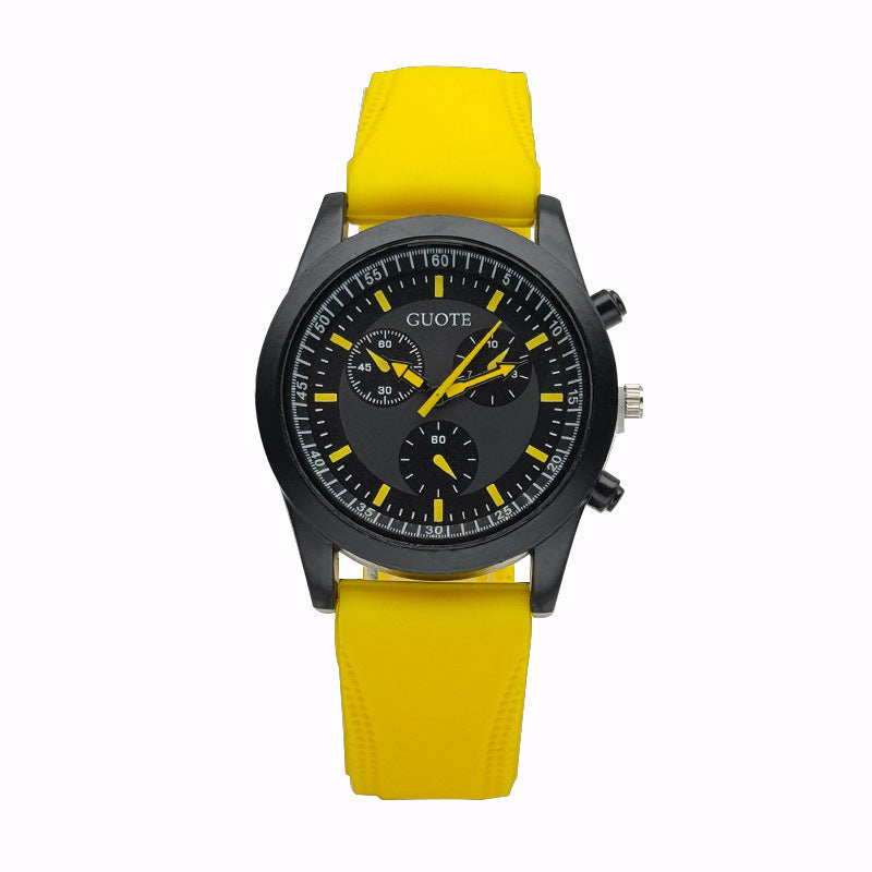 Sport Style Black & Yellow Quartz Watch with Silicone Strap – 42mm