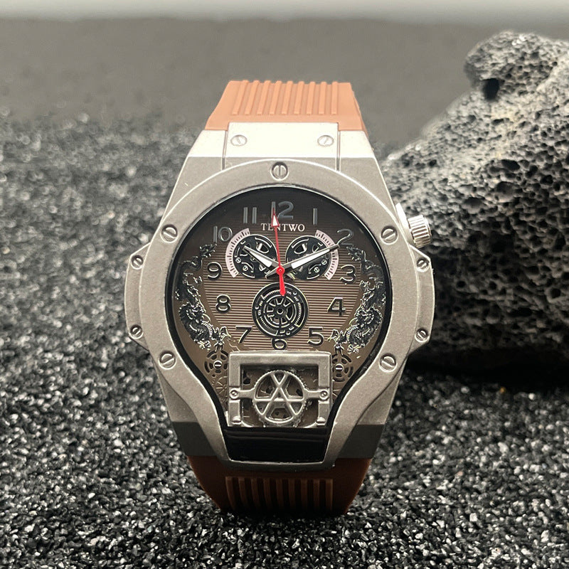 Men’s 46mm Dual Display Quartz Watch – Tonneau Dial Silicone Casual Sport Wristwatch – Multi-Color