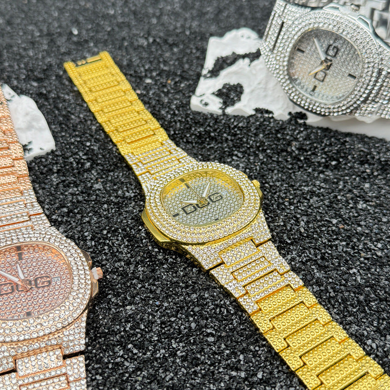 Gold Iced-Out Square Quartz Couple Watch with Date – 38mm