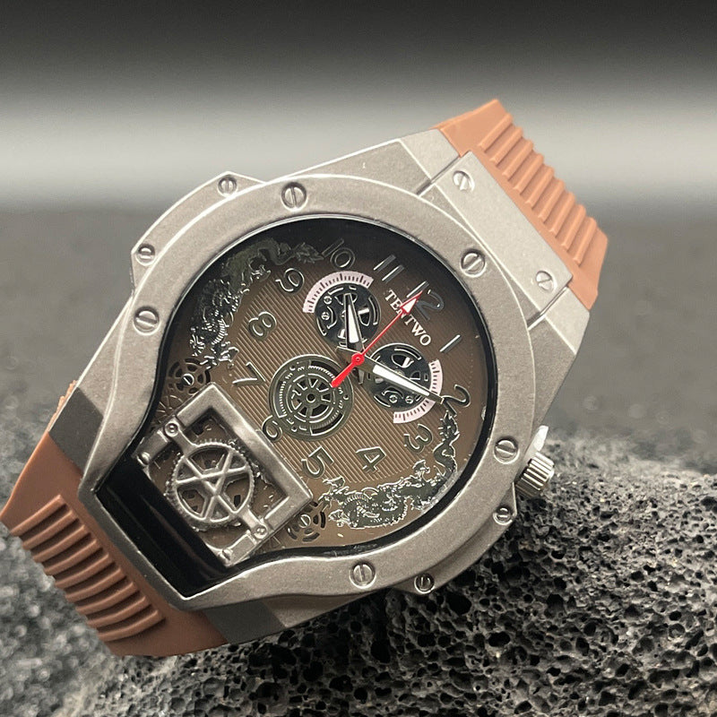 Men’s 46mm Dual Display Quartz Watch – Tonneau Dial Silicone Casual Sport Wristwatch – Multi-Color