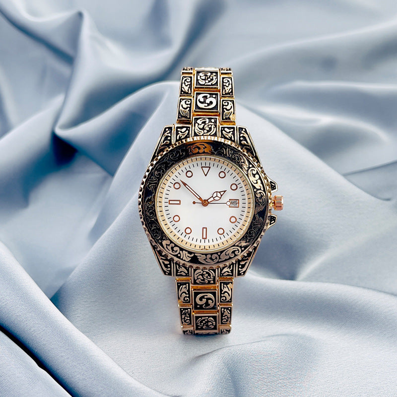 Vintage Gold Engraved Quartz Watch with Date – 43mm Men’s Watch