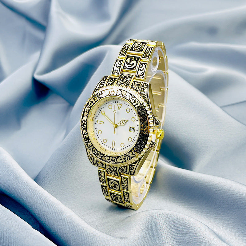 Vintage Gold Engraved Quartz Watch with Date – 43mm Men’s Watch