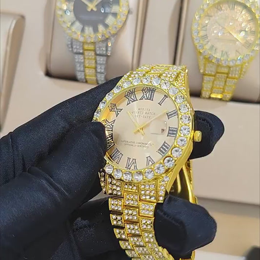 Luxury Diamond Quartz Watch with Day & Date – Gold Stainless Steel Wristwatch