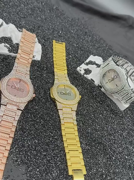 Gold Iced-Out Square Quartz Couple Watch with Date – 38mm