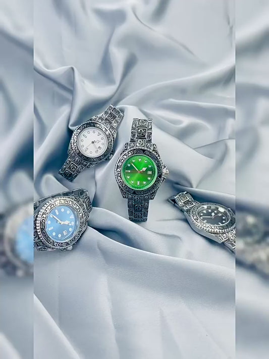 Vintage Gold Engraved Quartz Watch with Date – 43mm Men’s Watch